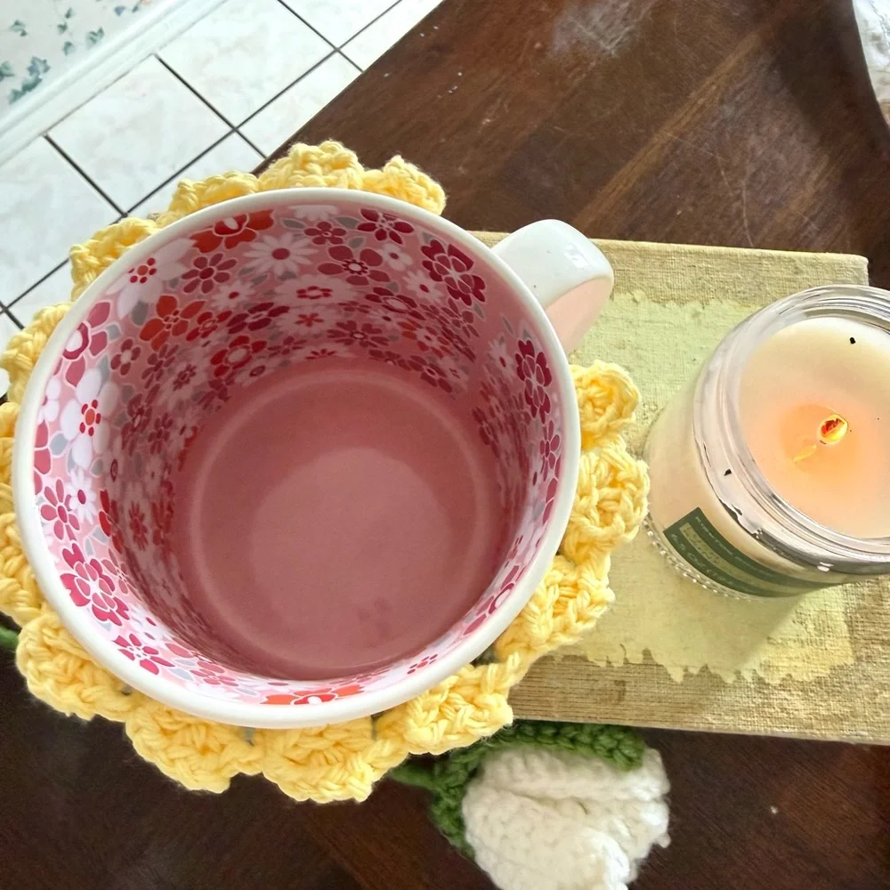 Handmade Crochet Tulip Mug Cozy - Pink & Yellow Floral Cup Sleeve